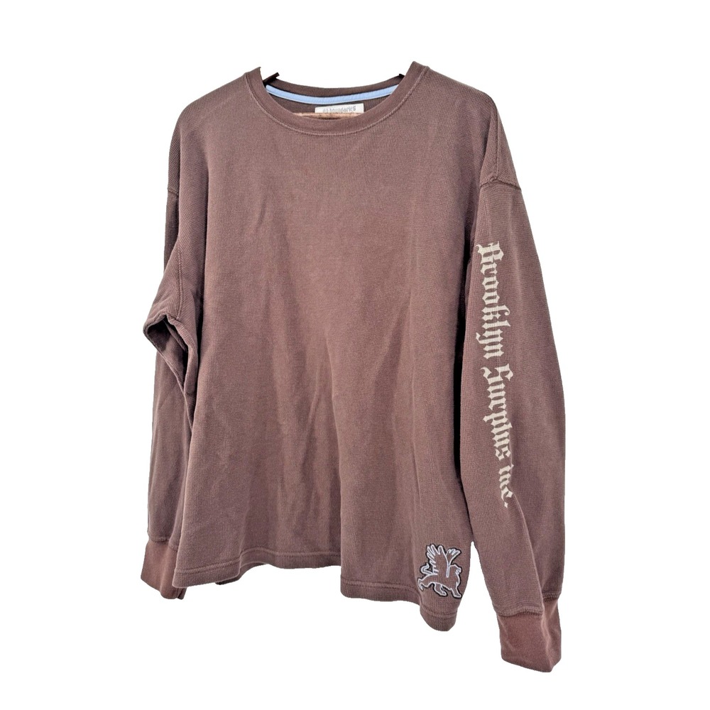 VTG Y2K Brooklyn Men's Brown Waffle Knit Thermal Long Sleeve Henley Grunge XL